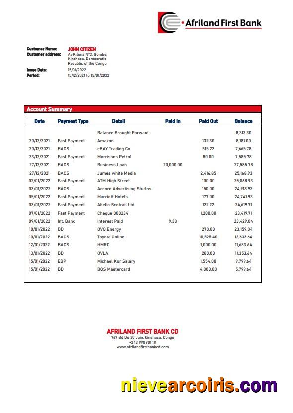 Congo Afriland First bank statement, Word and PDF format